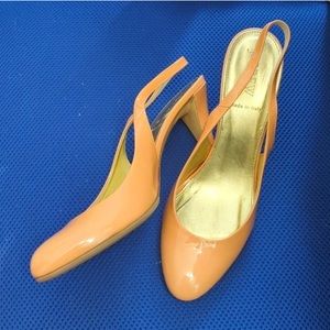 J. Crew coral patent leather sling back heels with vibram soles